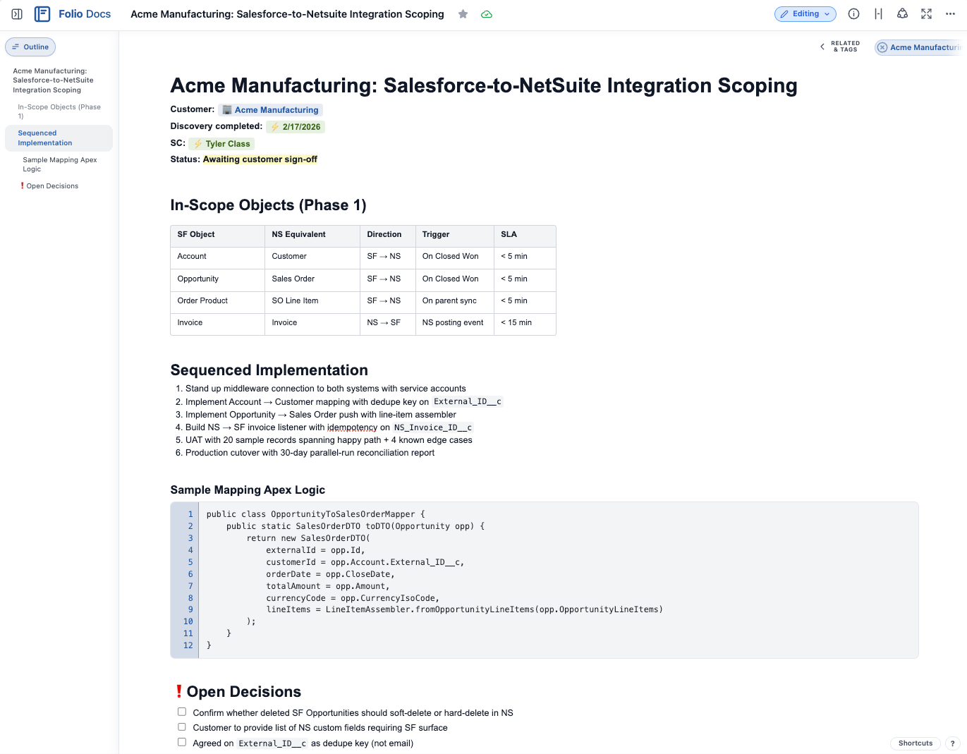 Folio technical scoping document for Acme Manufacturing