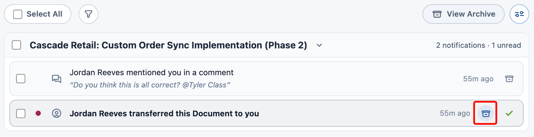 The same notification row with the archive button beside the mark-as-read check highlighted