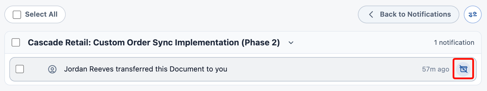 The archive view, headed Back to Notifications, with the un-archive button on a row highlighted