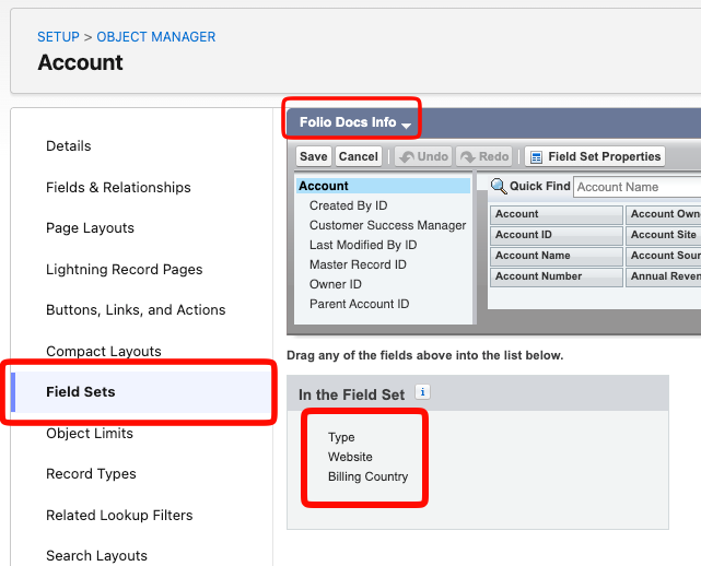 The Field Sets section of Object Manager for Account, with a field set labeled Folio Docs Info and Type, Website, and Billing Country dragged into the In the Field Set area