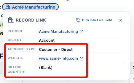 A Record Link details panel for an Account, with Account Type, Website, and Billing Country highlighted beneath the default Record and Object rows