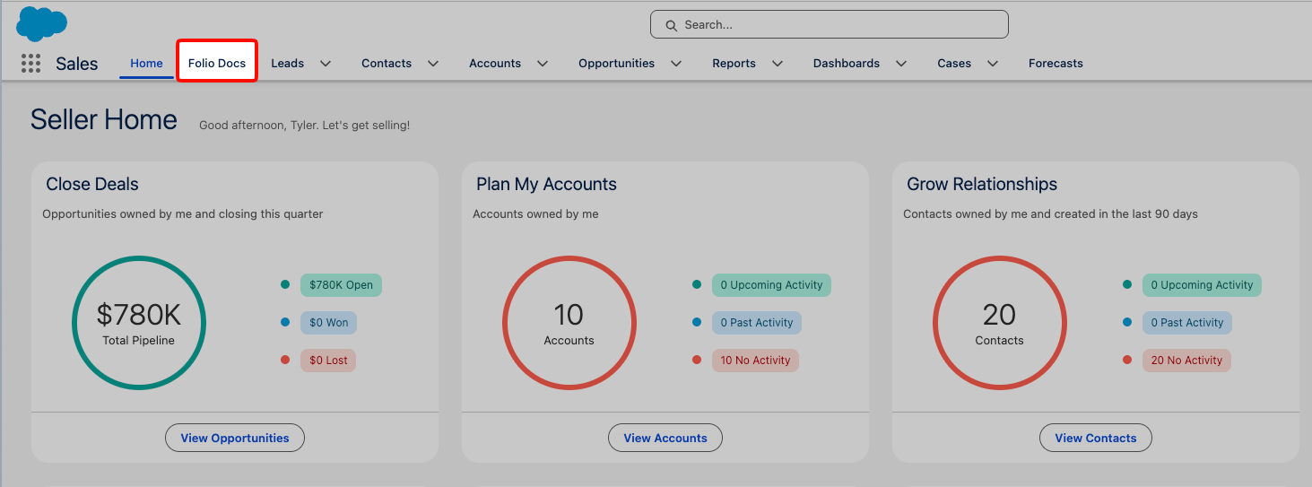 The Folio Docs tab in the Sales app navigation bar, placed just to the right of the Home tab