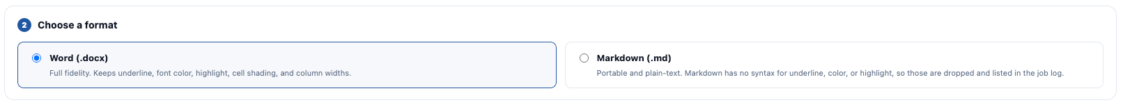Choosing between Word and Markdown export formats