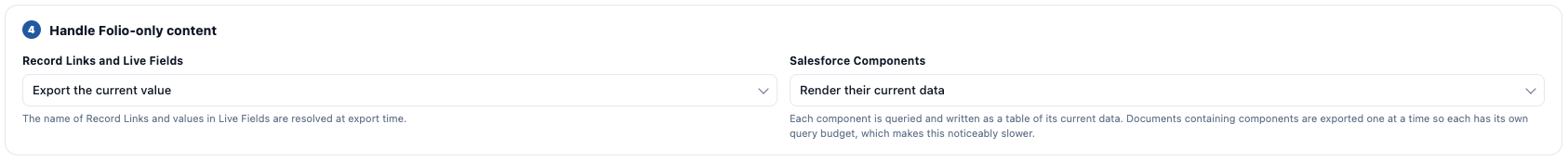 Step 4 of the export flow, with the Record Links and Salesforce Components dropdowns