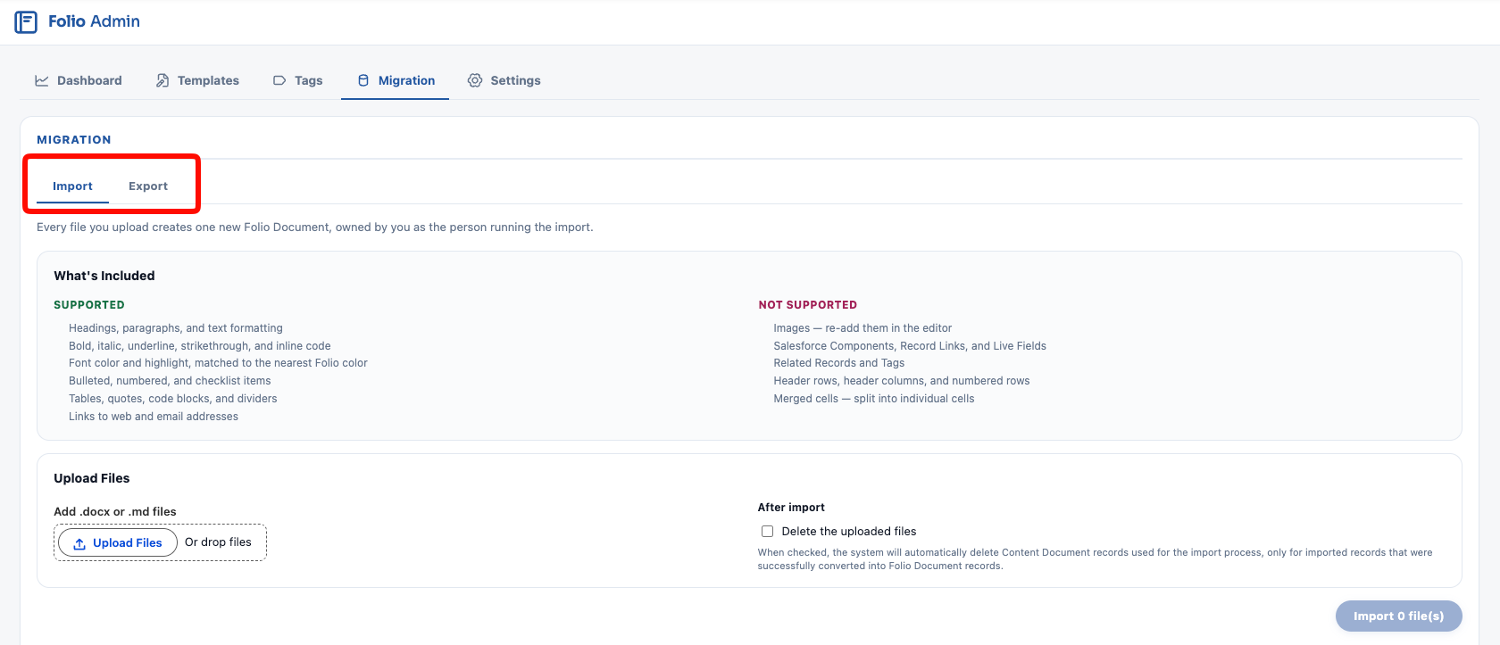 The Migration tab with its Import and Export sub-tabs