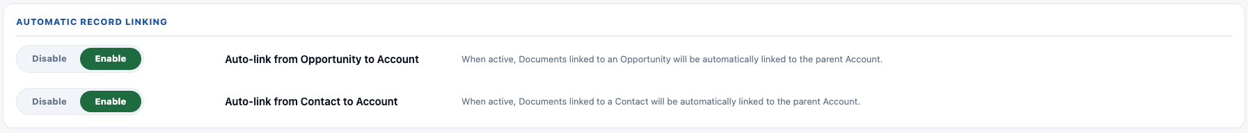 Automatic Record Linking toggles for Opportunity and Contact