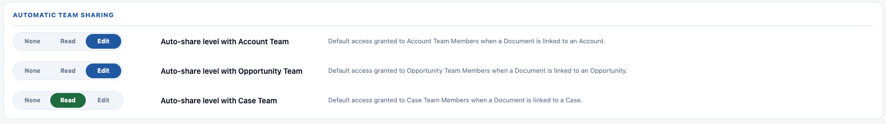 Automatic Team Sharing settings for Account, Opportunity, and Case teams