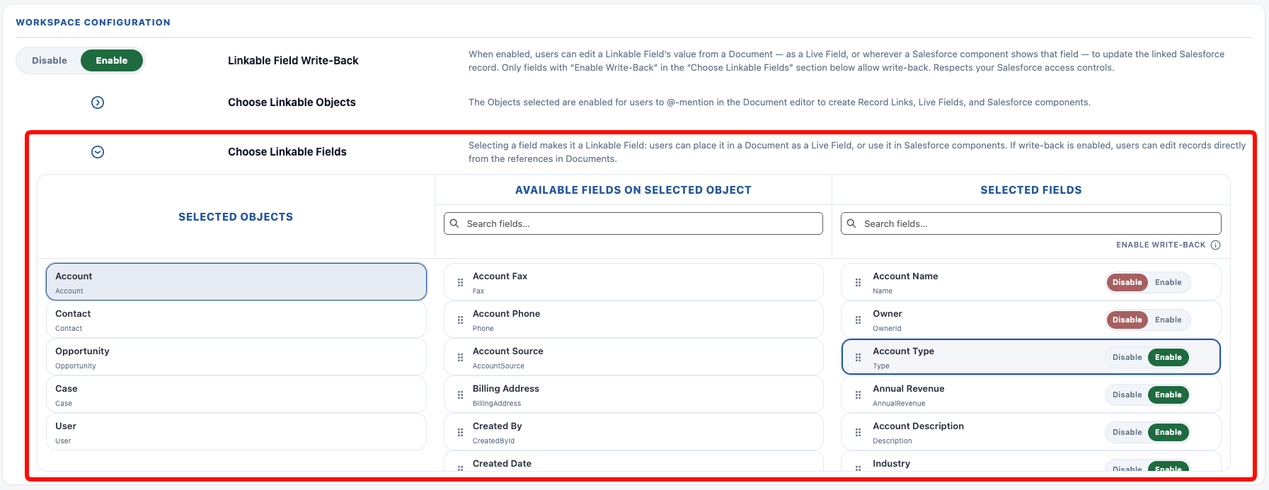 Choose Linkable Fields with the per-field Enable Write-Back toggle