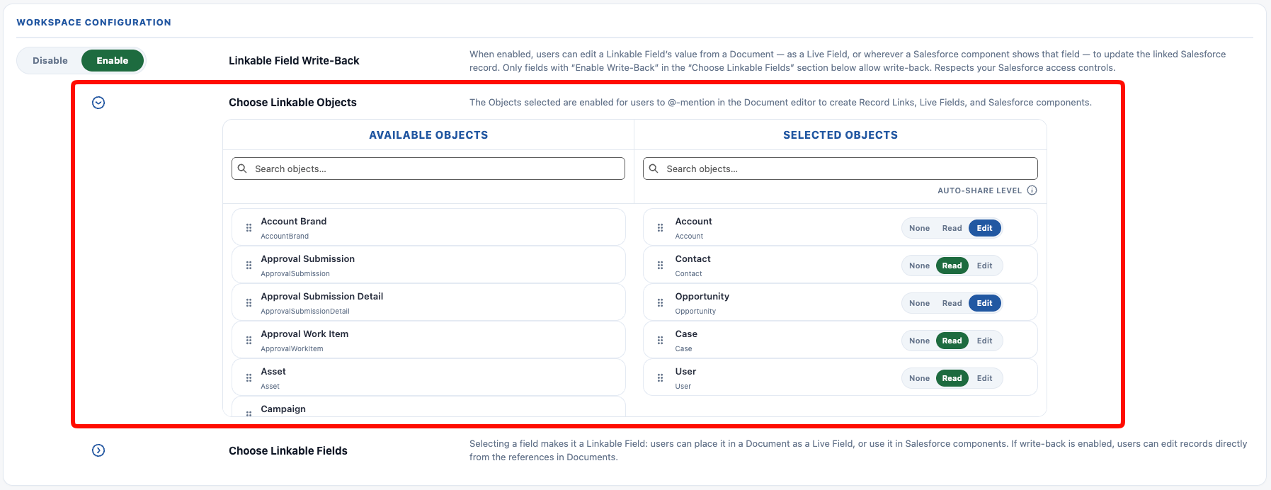 Choose Linkable Objects with per-object Auto-Share Level settings