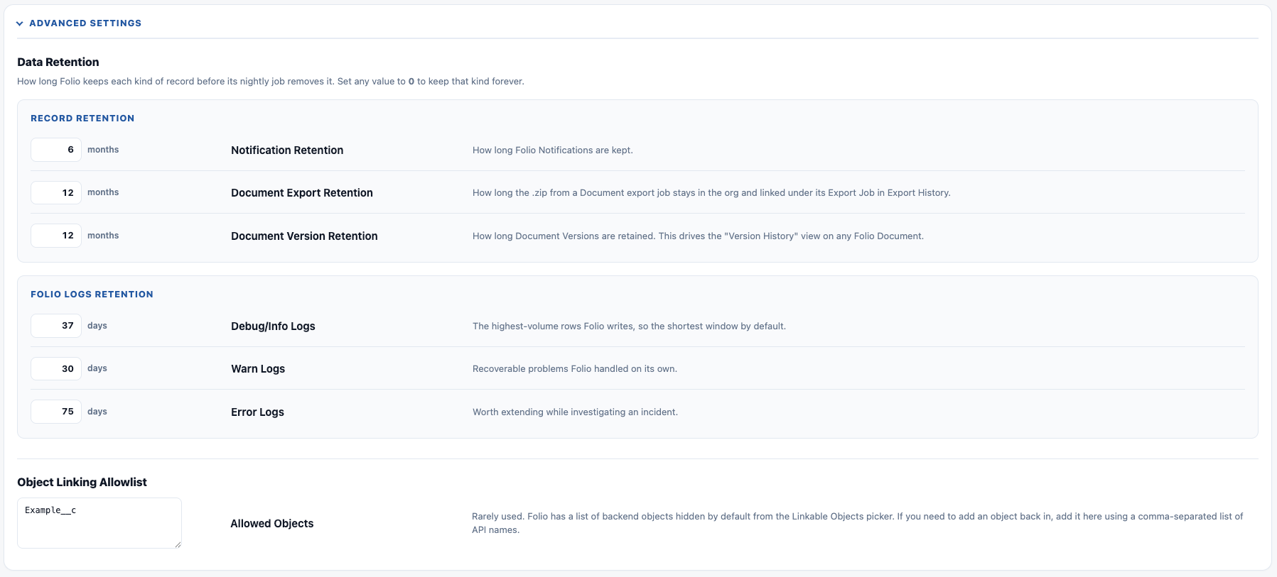The Advanced Settings section — Data Retention and the Object Linking Allowlist