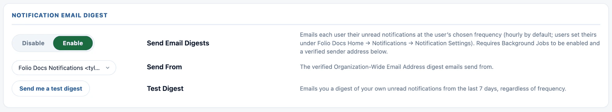 The Notification Email Digest settings — the Send Email Digests switch set to Enable, the Send From Organization-Wide Email Address dropdown, and the Send me a test digest button