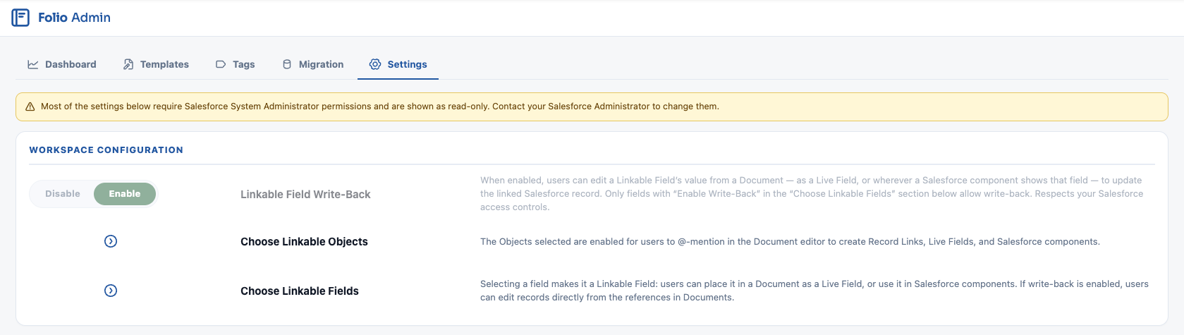 The read-only banner shown to Folio Admins without the required system permissions