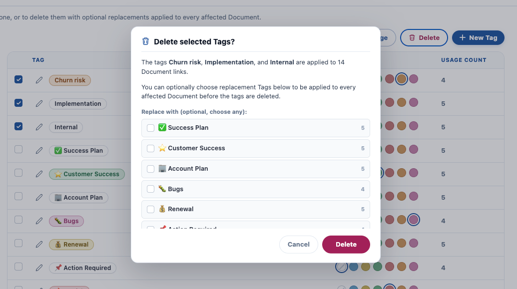 Deleting a Tag with the option to apply replacement Tags
