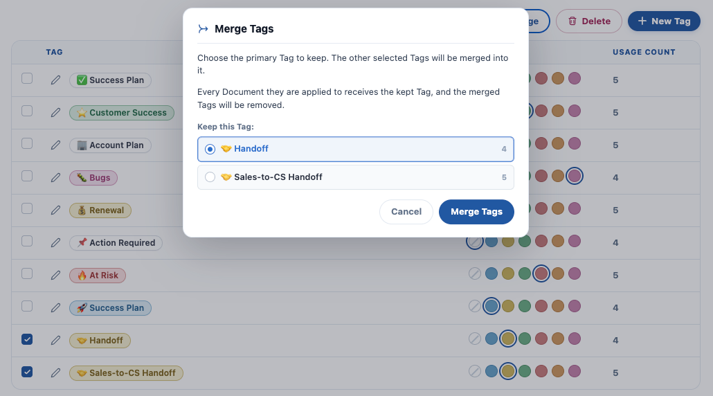 The Merge Tags dialog, choosing which Tag to keep from the selected Tags