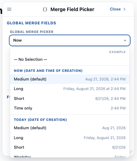 The Global Merge Picker open, showing the Now and Today options with an Example column