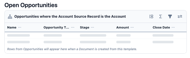 A Related List in the Template Builder, showing placeholder rows and the Source Record relationship in its header