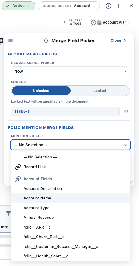 The Merge Field Picker opened from the floating braces icon, showing Global and Folio Mention merge fields