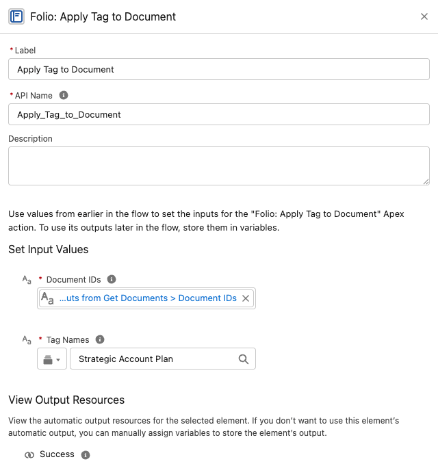 The Folio: Apply Tag to Document action in Flow Builder, with Tag Names holding a single text value