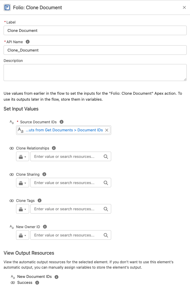 The Folio: Clone Document action in Flow Builder, with Source Document IDs wired from a Get Documents output