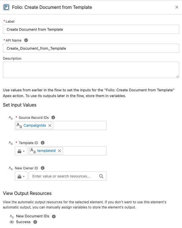 The Folio: Create Document from Template action in Flow Builder, with Source Record IDs and Template ID mapped to flow variables