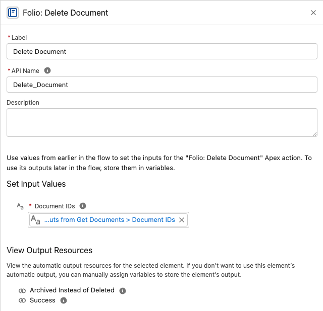 The Folio: Delete Document action in Flow Builder, showing its single input and the Archived Instead of Deleted output