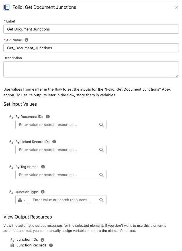 The Folio: Get Document Junctions action in Flow Builder, showing its four inputs and both outputs
