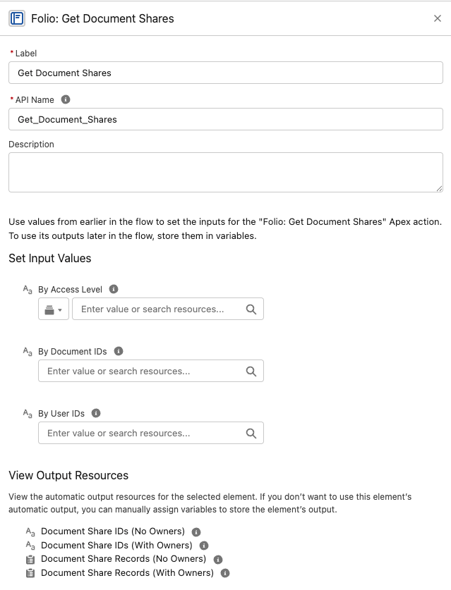 The Folio: Get Document Shares action in Flow Builder, showing its three inputs and all four outputs