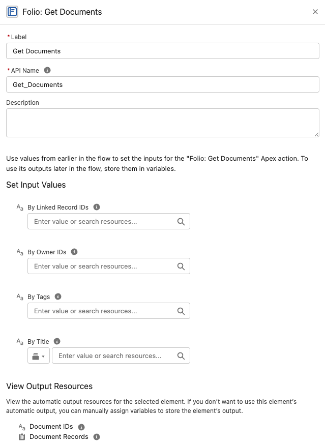 The Folio: Get Documents action in Flow Builder, showing its four filter inputs and both outputs
