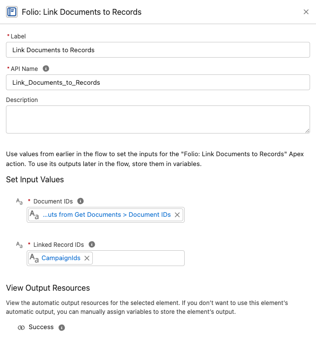 The Folio: Link Documents to Records action in Flow Builder, with both ID collections mapped