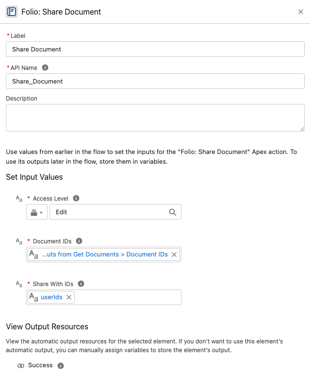 The Folio: Share Document action in Flow Builder, with Access Level set to Edit and Share With IDs mapped to a userIds variable