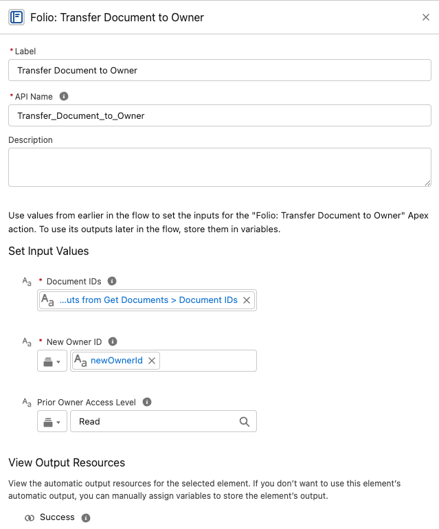 The Folio: Transfer Document to Owner action in Flow Builder, with Prior Owner Access Level set to Read