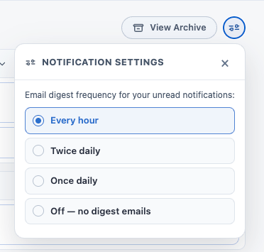 The Notification Settings popout opened from the gear at the top right of the Notifications tab, with email digest frequency set to Every hour and the Twice daily, Once daily, and Off options beneath it