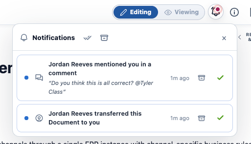 The same notifications shown on the bell popout inside the Document — a mention and a transfer, each with its archive and mark-as-read buttons