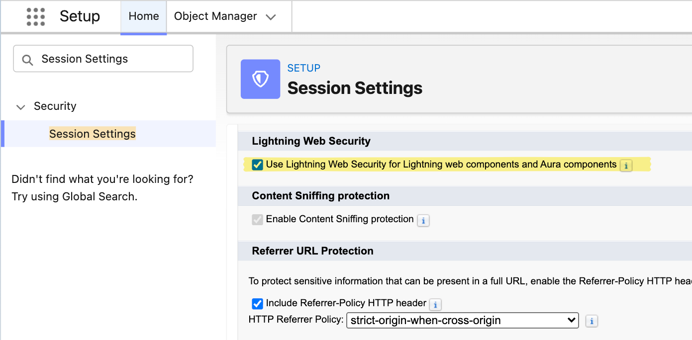 Session Settings — the Lightning Web Security section in Salesforce Setup