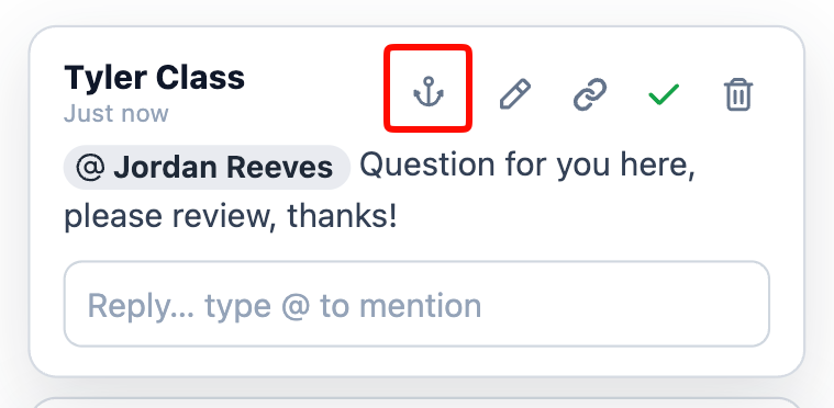 A comment thread with the anchor icon highlighted among its edit, copy-link, resolve, and delete buttons