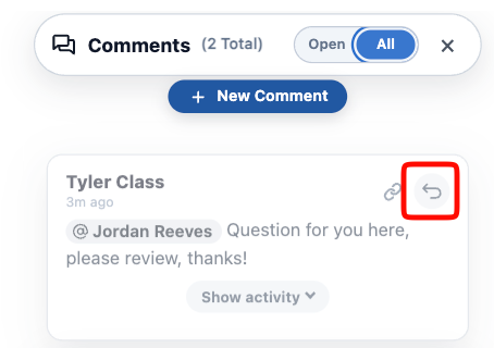 The same thread once resolved, listed under the All filter with its reopen arrow highlighted and a Show activity toggle beneath it