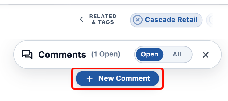 The comments sidebar header with its Open / All toggle, and the New Comment button directly beneath it