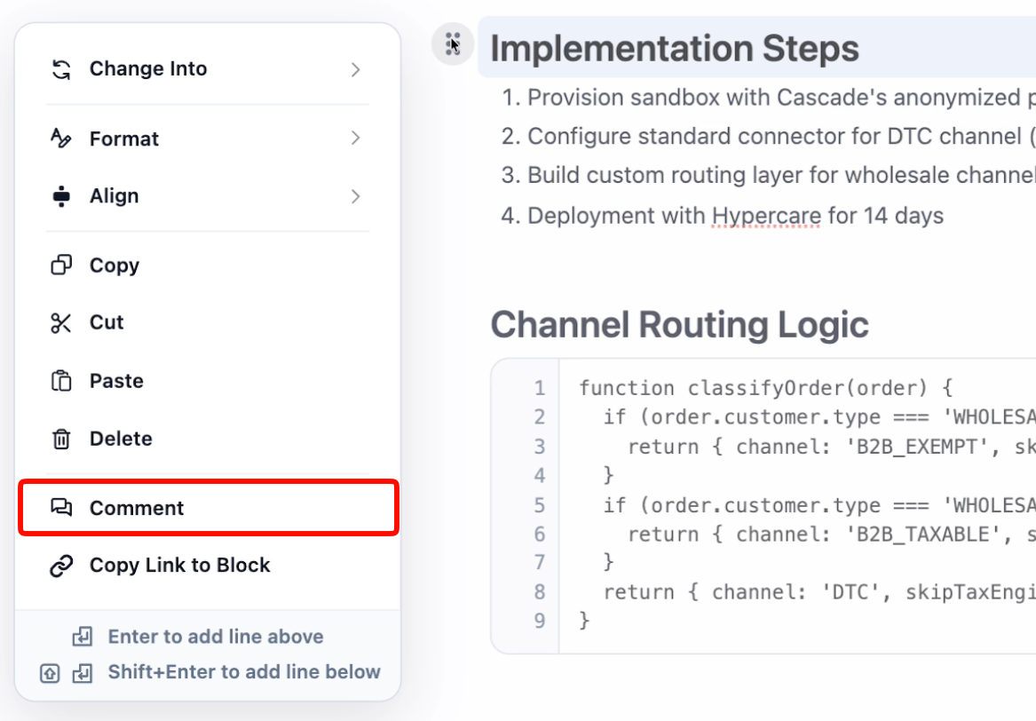 The node handle menu open beside a heading, with the Comment entry highlighted among Change Into, Format, Align, Copy, Cut, Paste, Delete, and Copy Link to Block