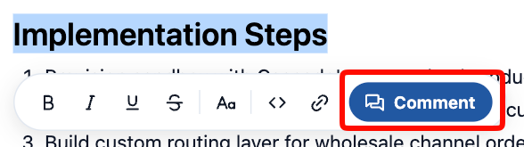 Highlighted text with the formatting popout above it, and the Comment button at its right end highlighted