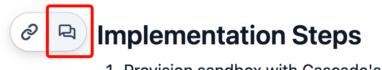 In Viewing mode the node handle becomes a two-button pill beside the block — a link button for Copy Link to Block, and the highlighted speech-bubble button that starts a comment