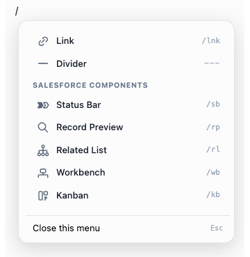 The / menu showing Divider and the Salesforce Components section