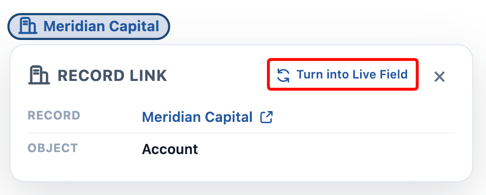 The Record Link details panel, with Turn into Live Field