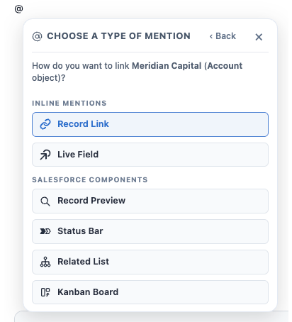 The @ menu asking how to link the chosen record, listing inline mentions and Salesforce components