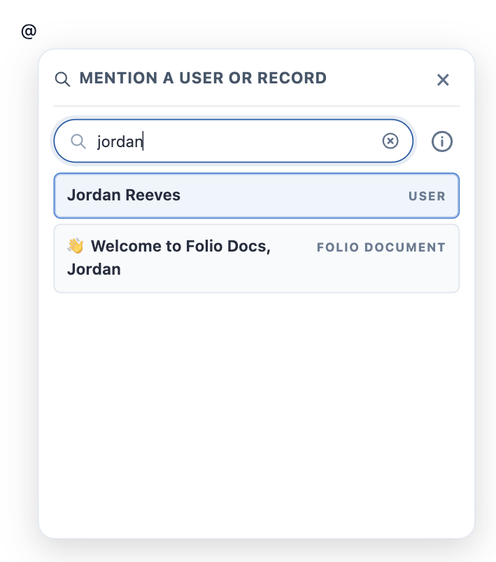 The @ menu searched for a person, with the matching User listed above a Folio Document result, each labelled by object