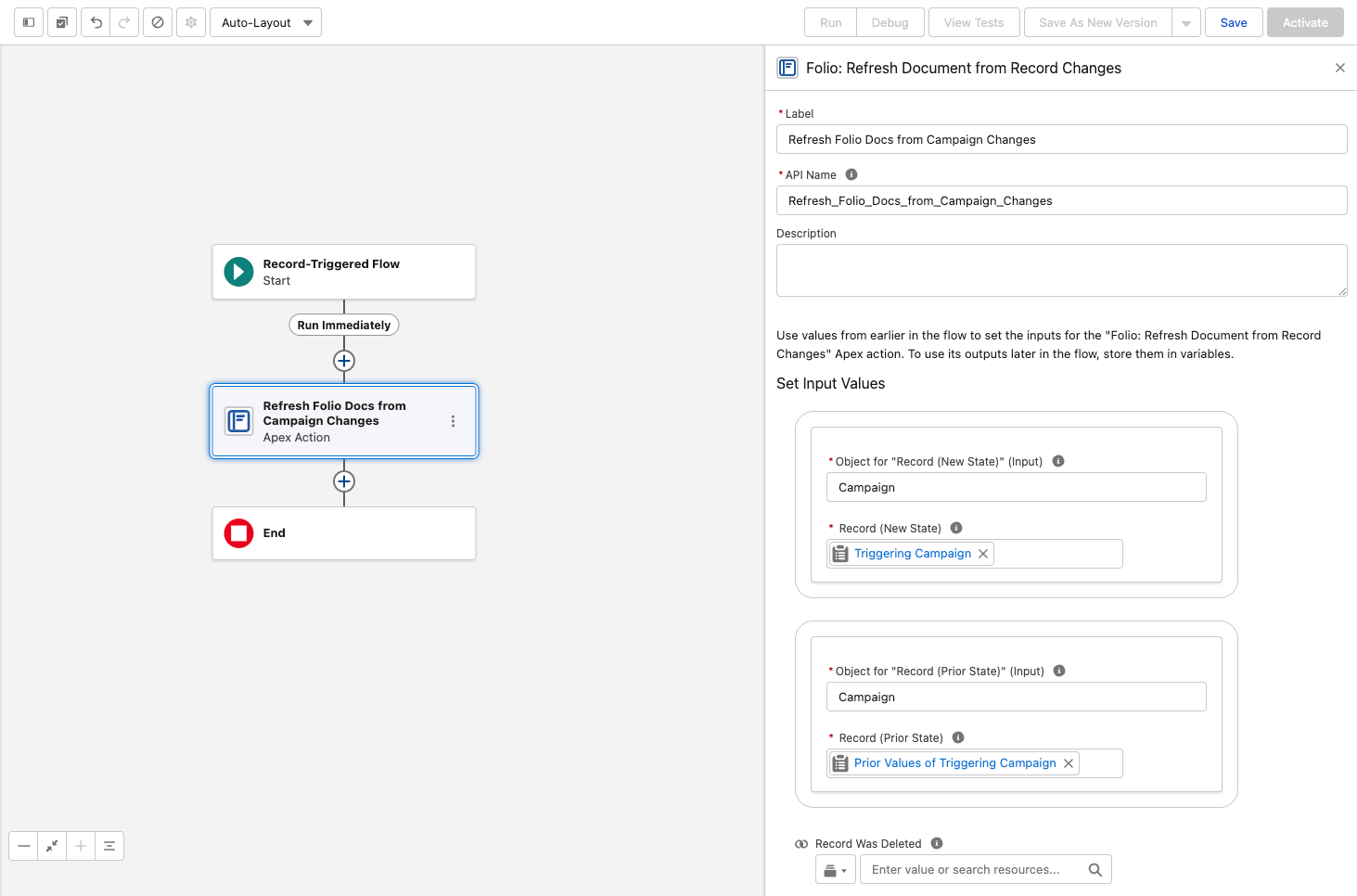 The Folio: Refresh Document from Record Changes action in a record-triggered Flow on Campaign