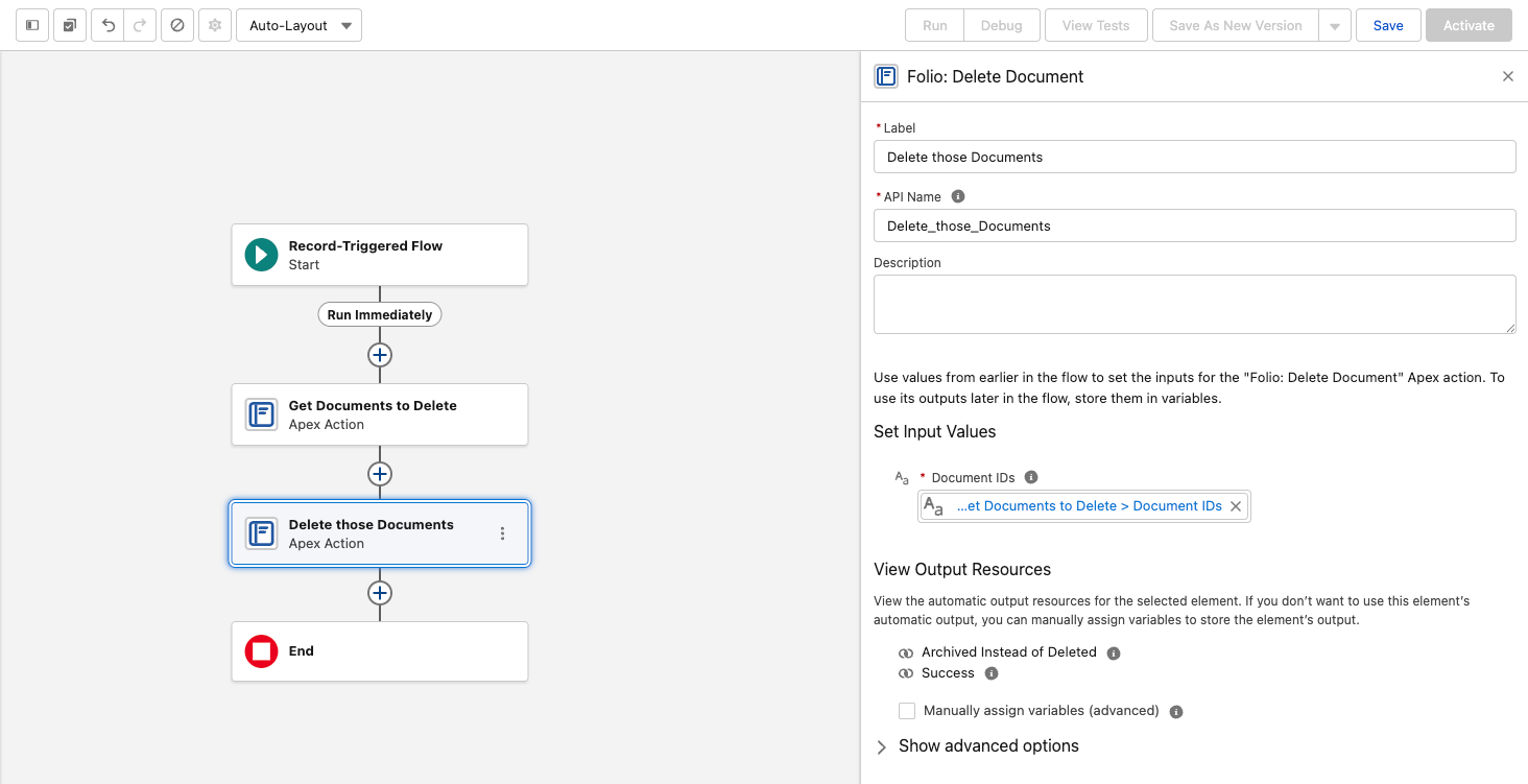 A record-triggered Flow chaining Folio: Get Documents into Folio: Delete Document, with its Archived Instead of Deleted output