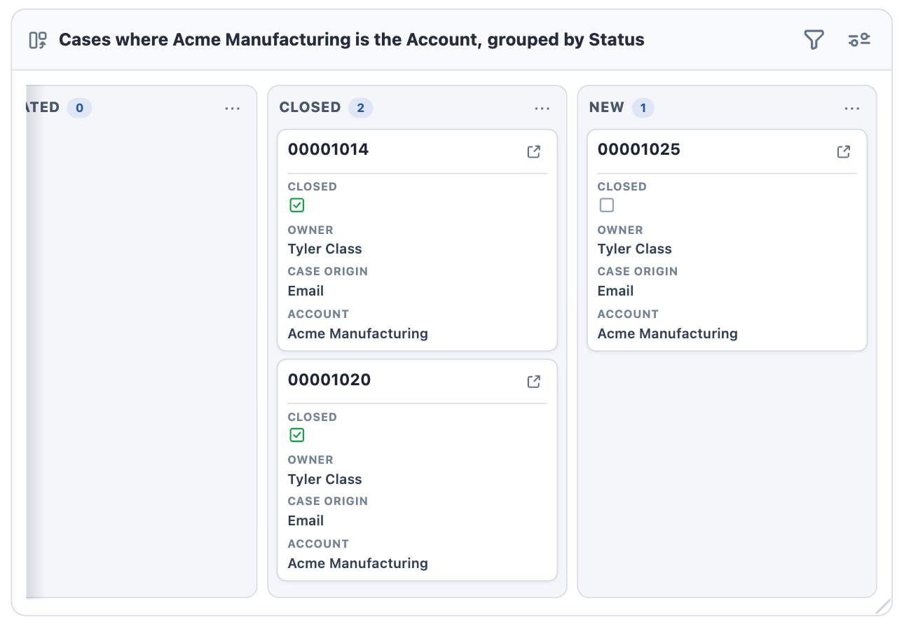 A Kanban Board of Cases under an Account grouped by Status, with a per-lane count, tiles showing each record's key fields, and the filters and settings buttons in its header