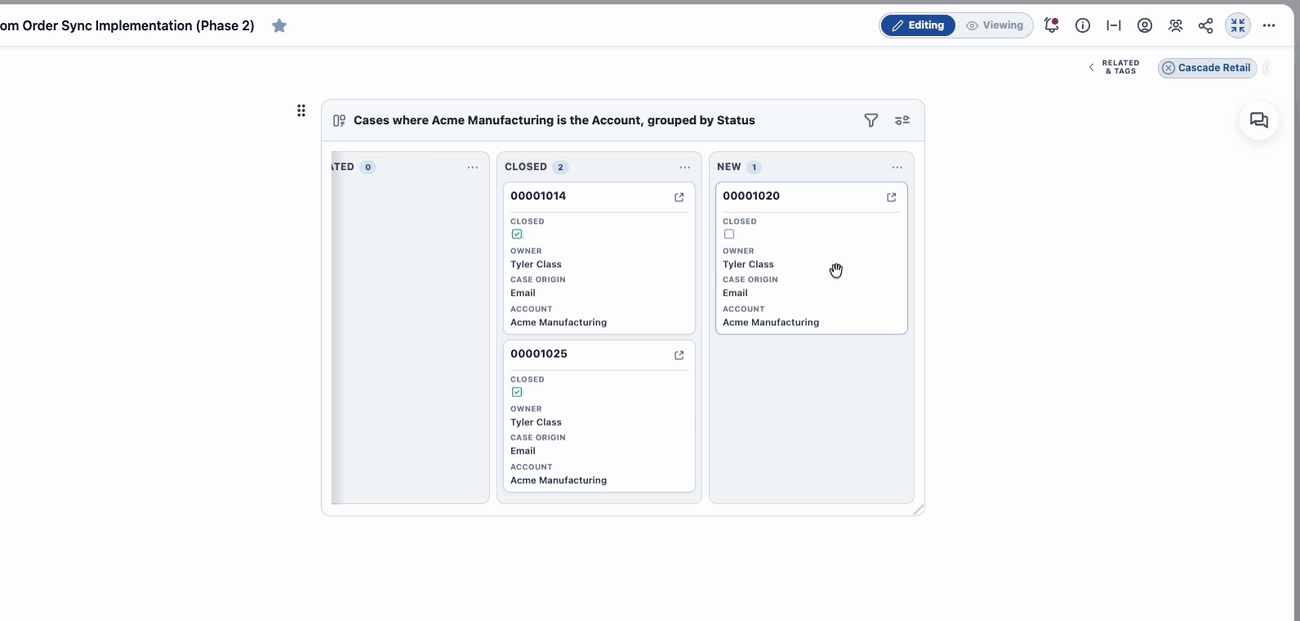 Dragging a Kanban tile from one lane to another, updating the record's picklist value in Salesforce and adjusting both lane counts