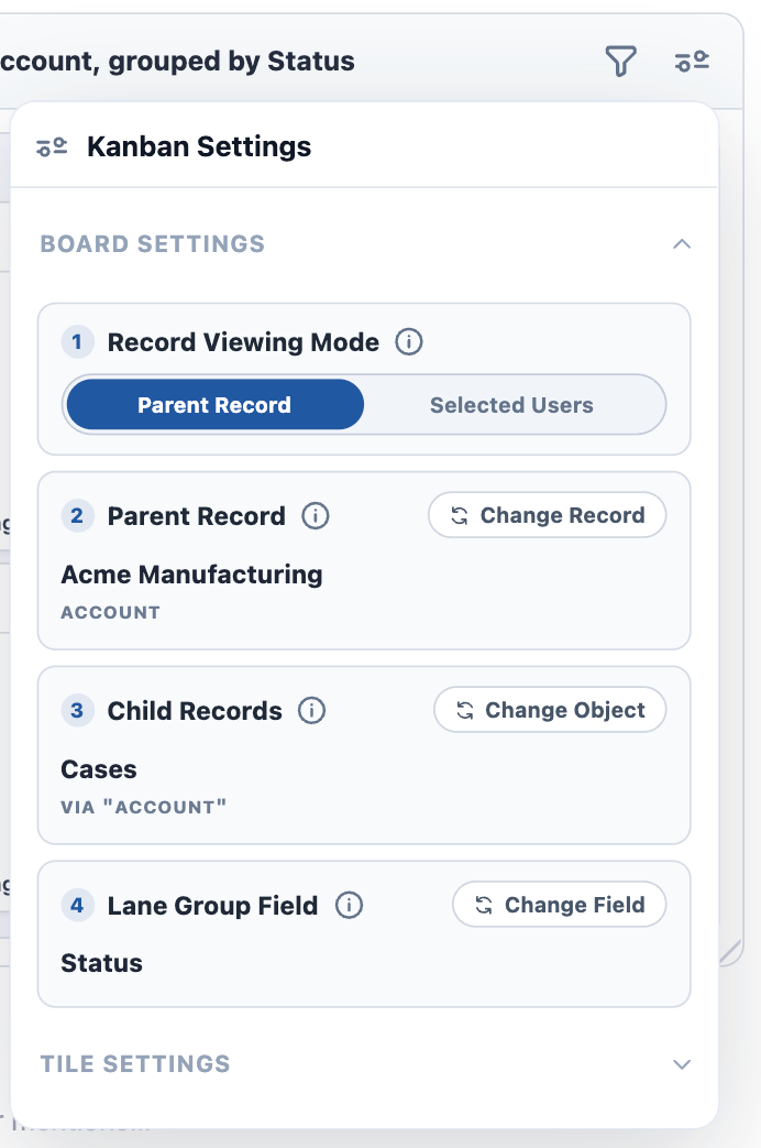 Kanban Settings in Parent Record mode — the Record Viewing Mode toggle, the Parent Record, the Child Records object and its relationship, and the Lane Group Field