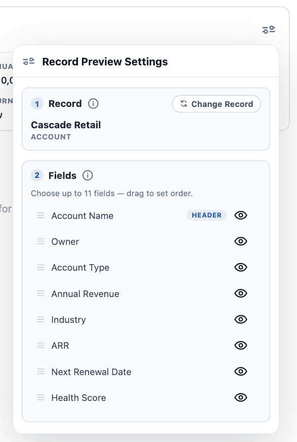 The Record Preview Settings panel — the chosen Record with a change button, and a drag-to-reorder field list capped at 11 fields, each with a visibility toggle and the first marked HEADER